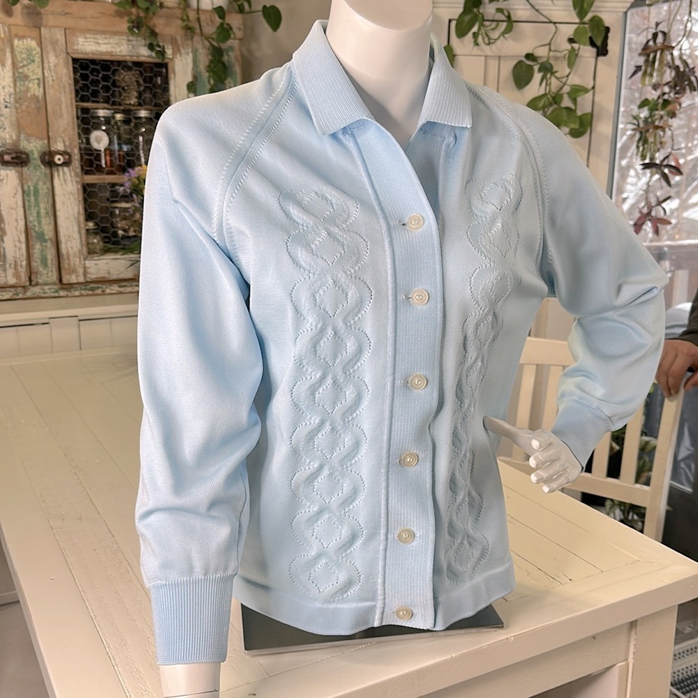 Vintage 1970s SILAN TREVIRA made in Italy, grandmacore baby blue cardigan sm - Picture 3 of 12